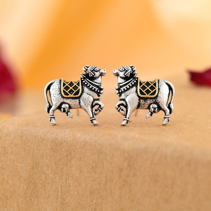 Qasbah Nandi Oxidised Two Tone Stud Earrings  | SHOBITAM