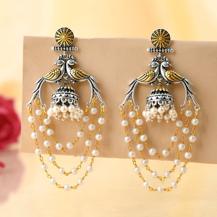 Qasbah Mayura Oxidised Two Tone Dangle Earrings | SHOBITAM