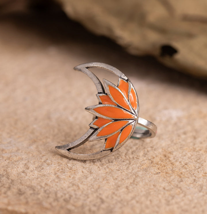 Boho Tribe Moonlit Lotus Oxidised Enamel Ring | SHOBITAM