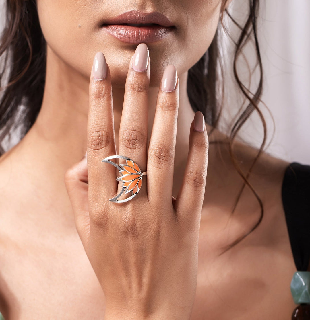 Boho Tribe Moonlit Lotus Oxidised Enamel Ring | SHOBITAM