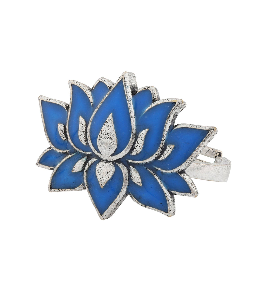 Boho Tribe Lotus Plume Oxidised Ring For Women | SHOBITAM