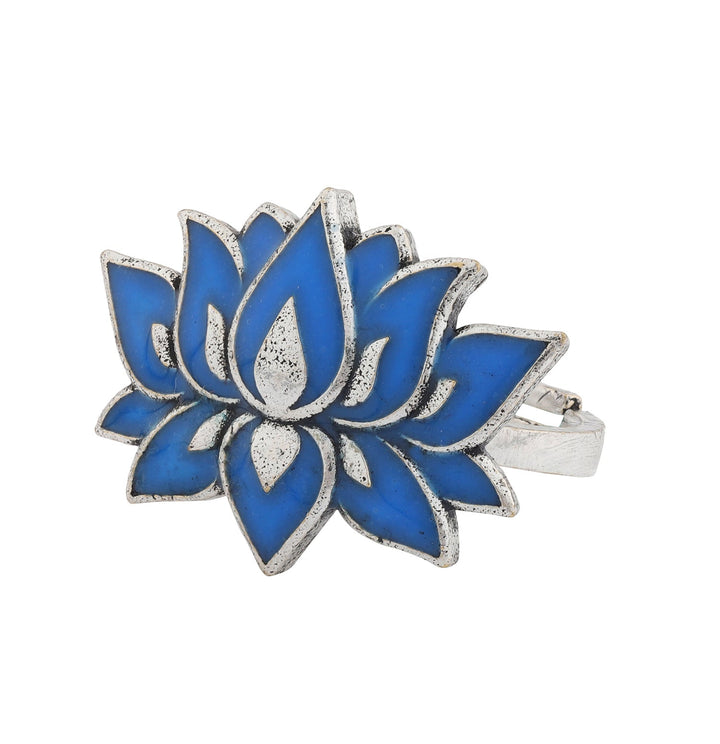 Boho Tribe Lotus Plume Oxidised Ring For Women | SHOBITAM