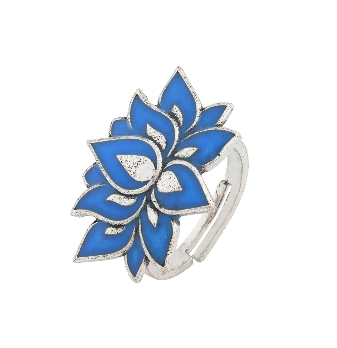 Boho Tribe Lotus Plume Oxidised Ring For Women | SHOBITAM