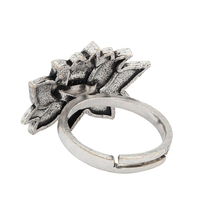 Boho Tribe Lotus Plume Oxidised Ring For Women | SHOBITAM
