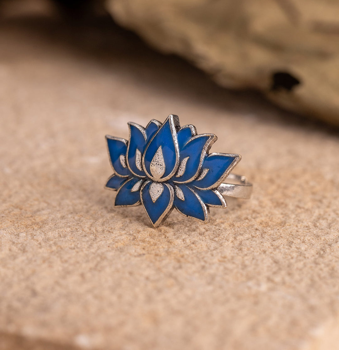 Boho Tribe Lotus Plume Oxidised Ring For Women | SHOBITAM