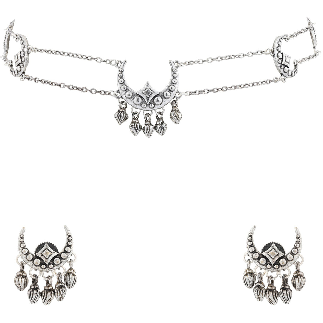Boho Tribe Celestial Drop Oxidised Choker Necklace Set | SHOBITAM