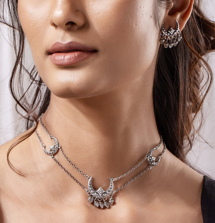 Boho Tribe Celestial Drop Oxidised Choker Necklace Set | SHOBITAM