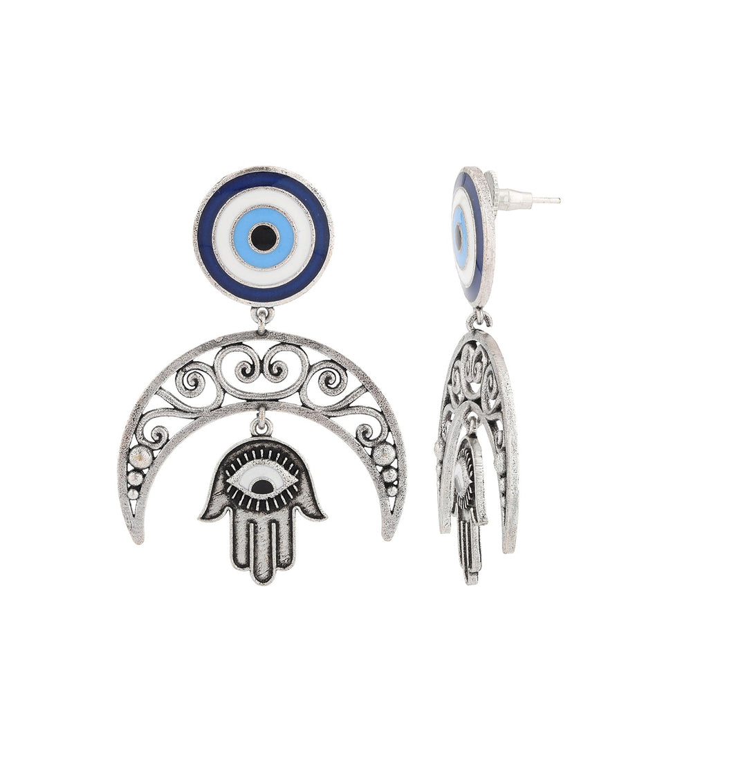 Boho Tribe Evil Eye Moon Oxidised Dangle Earrings| SHOBITAM