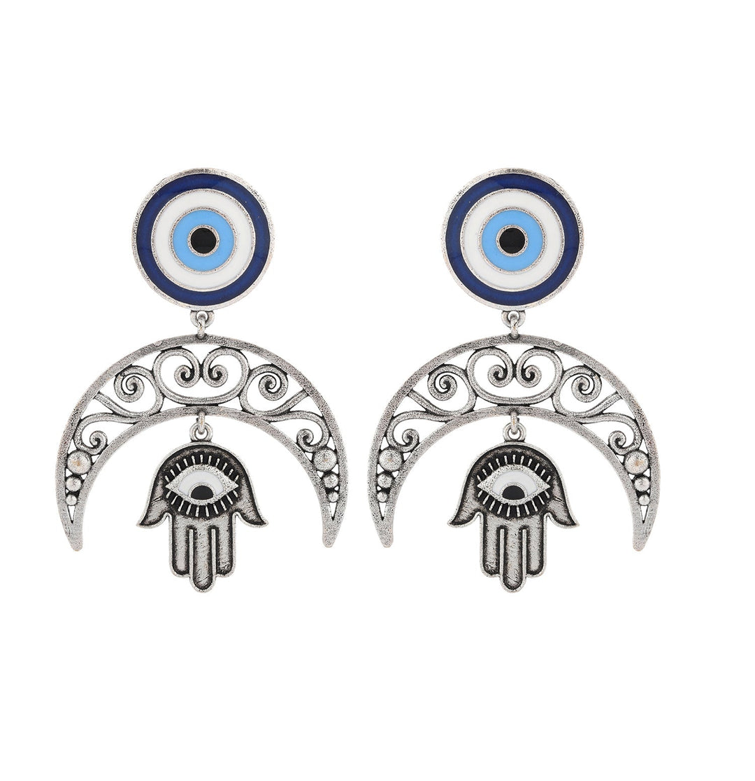 Boho Tribe Evil Eye Moon Oxidised Dangle Earrings| SHOBITAM