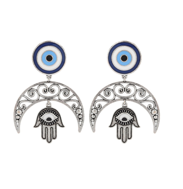 Boho Tribe Evil Eye Moon Oxidised Dangle Earrings| SHOBITAM