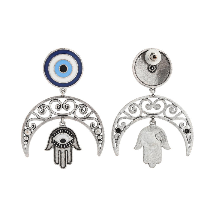 Boho Tribe Evil Eye Moon Oxidised Dangle Earrings| SHOBITAM