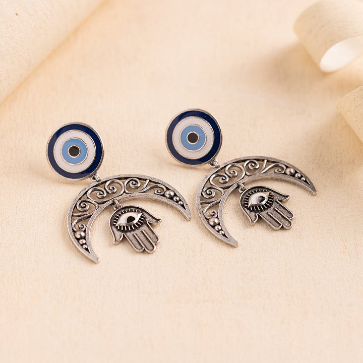 Boho Tribe Evil Eye Moon Oxidised Dangle Earrings| SHOBITAM