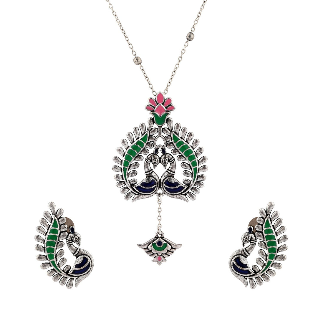 Madhubani Peacock Pratha Oxidised Enamel Pendant Set| SHOBITAM