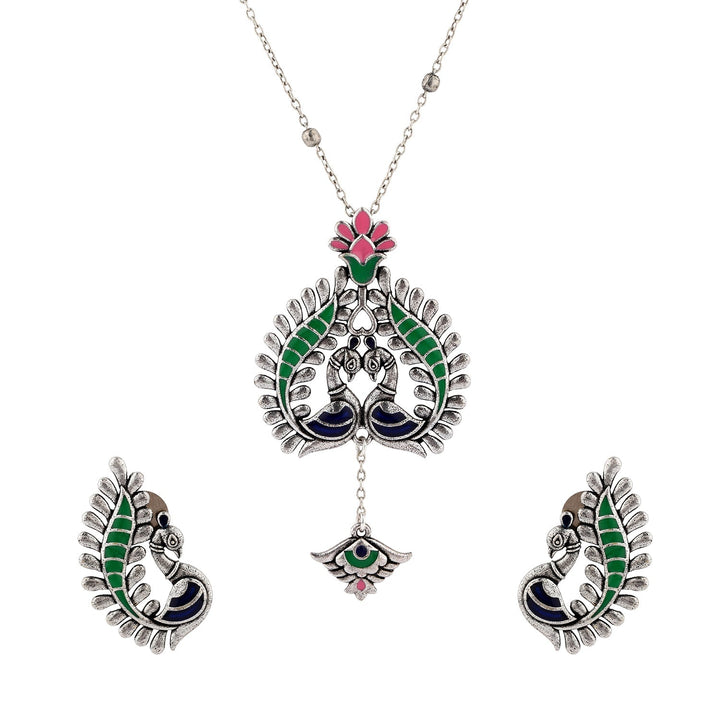 Madhubani Peacock Pratha Oxidised Enamel Pendant Set| SHOBITAM