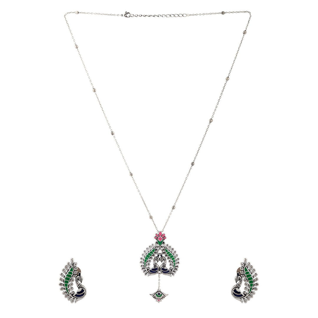 Madhubani Peacock Pratha Oxidised Enamel Pendant Set| SHOBITAM