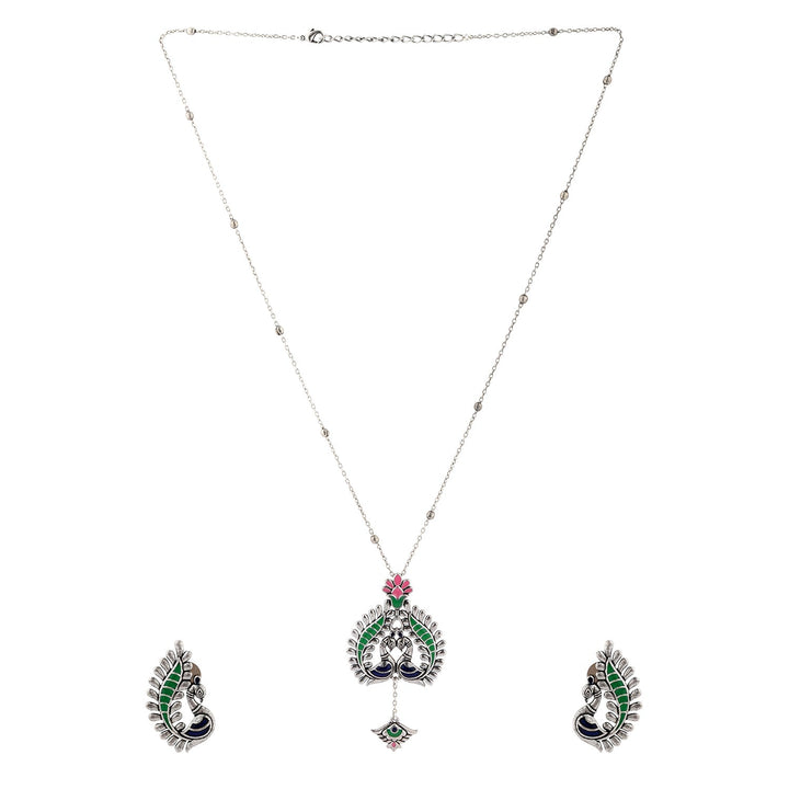 Madhubani Peacock Pratha Oxidised Enamel Pendant Set| SHOBITAM