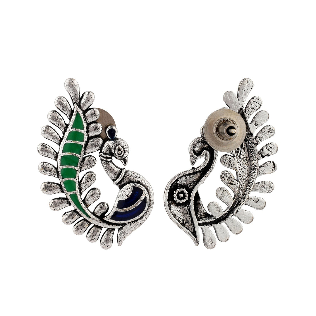 Madhubani Peacock Pratha Oxidised Enamel Pendant Set| SHOBITAM