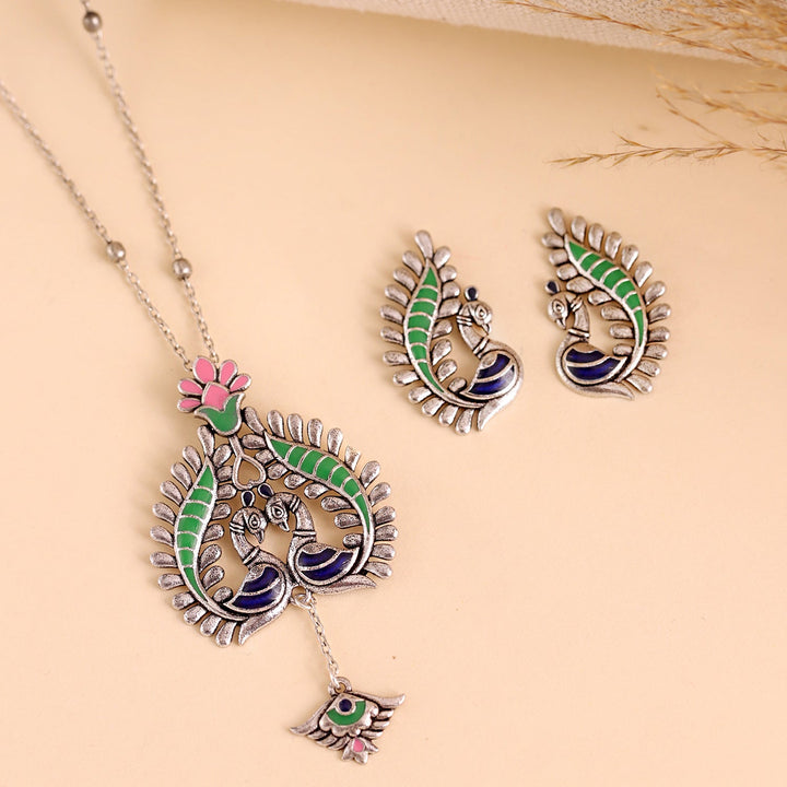Madhubani Peacock Pratha Oxidised Enamel Pendant Set| SHOBITAM
