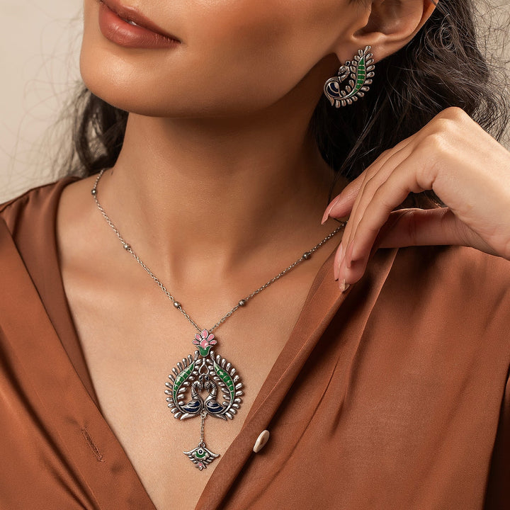 Madhubani Peacock Pratha Oxidised Enamel Pendant Set| SHOBITAM