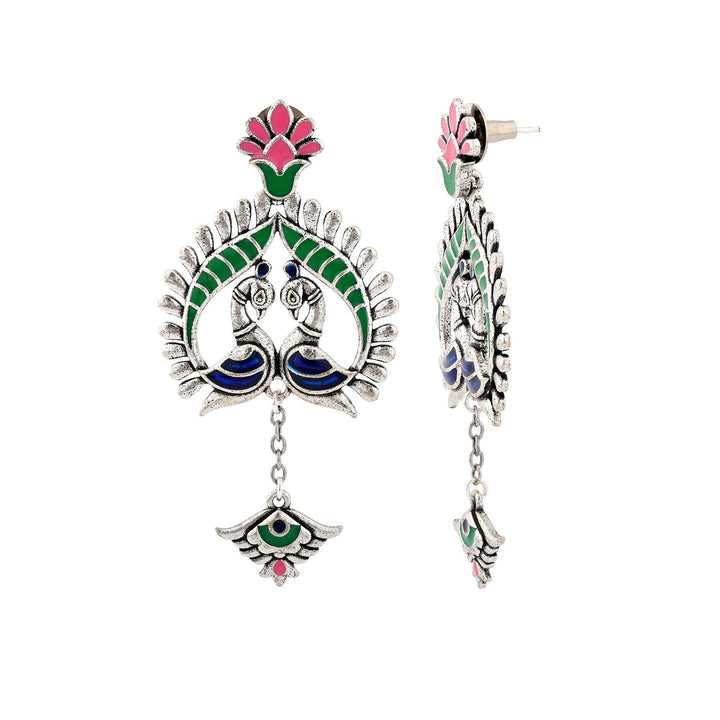 Madhubani Peacock Pratha Oxidised Enamel Earrings | SHOBITAM