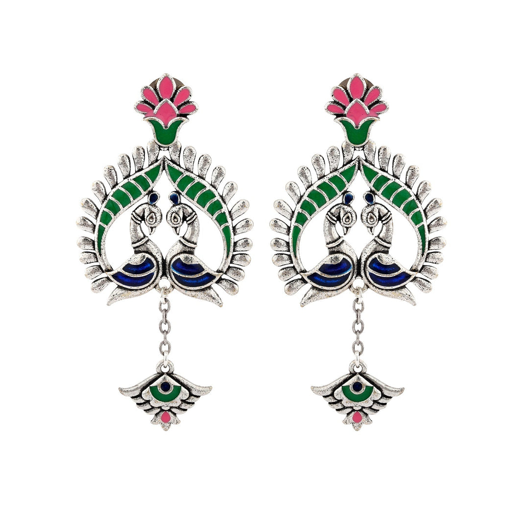 Madhubani Peacock Pratha Oxidised Enamel Earrings | SHOBITAM