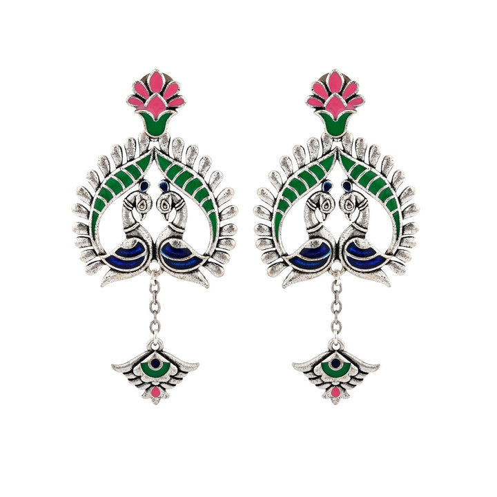 Madhubani Peacock Pratha Oxidised Enamel Earrings | SHOBITAM