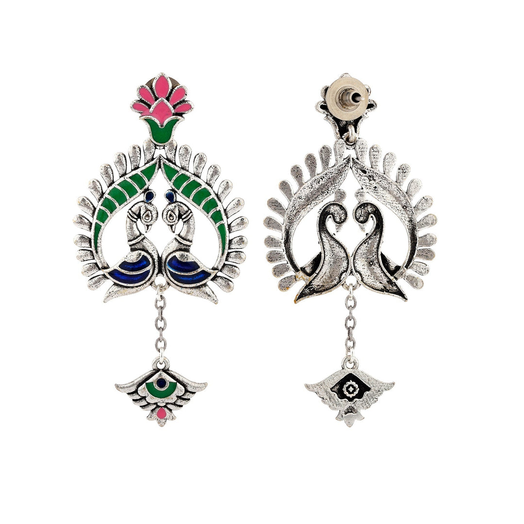 Madhubani Peacock Pratha Oxidised Enamel Earrings | SHOBITAM