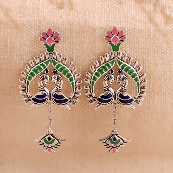 Madhubani Peacock Pratha Oxidised Enamel Earrings | SHOBITAM