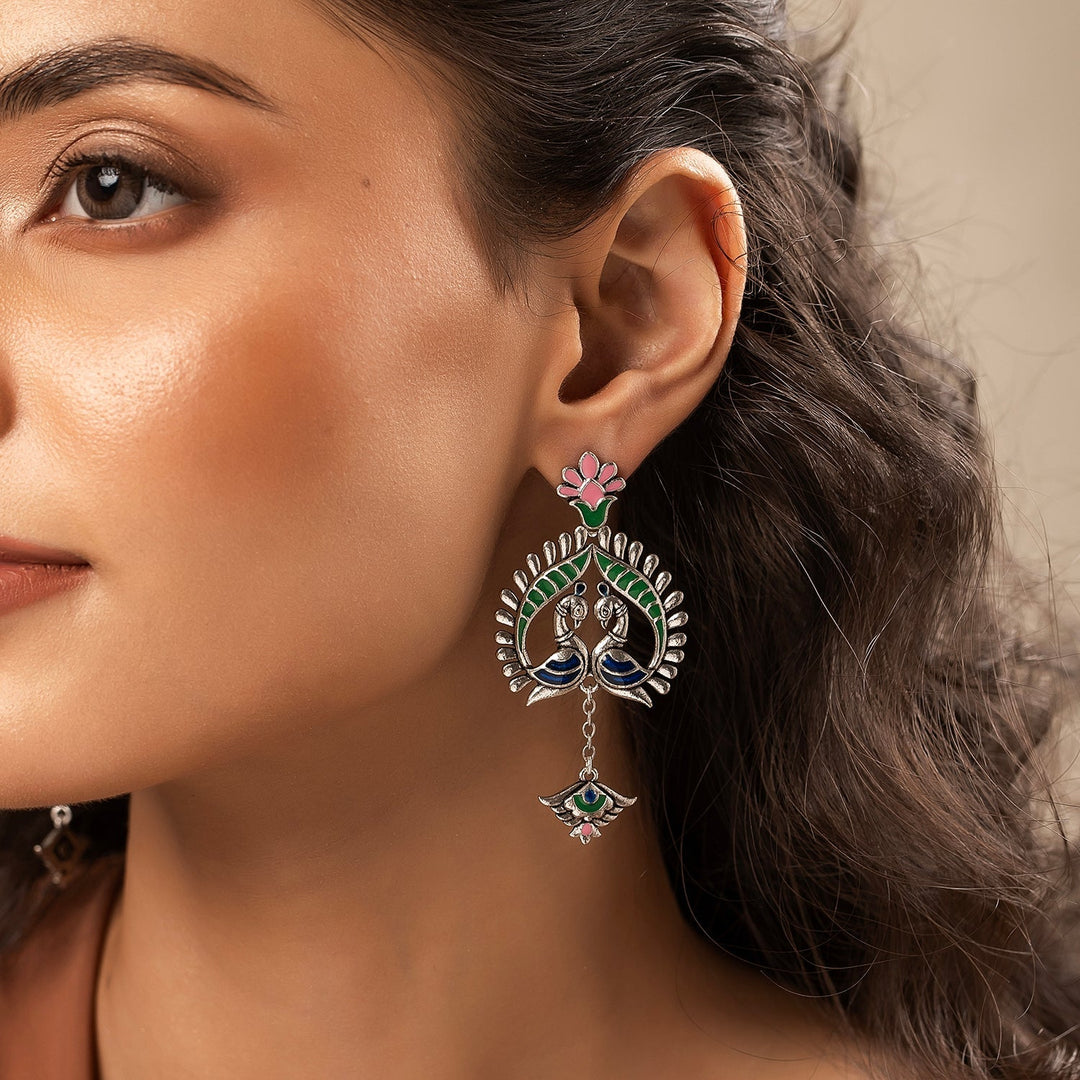 Madhubani Peacock Pratha Oxidised Enamel Earrings | SHOBITAM