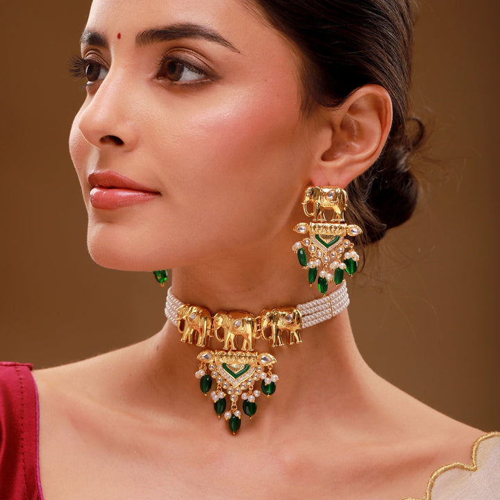 Queens of Rajasthan Gajvira Choker Necklace Set | SHOBITAM