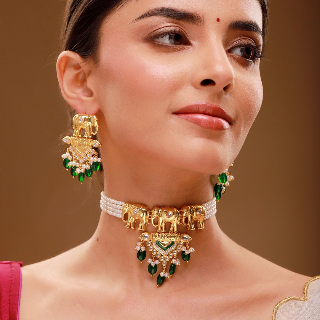 Queens of Rajasthan Gajvira Choker Necklace Set | SHOBITAM