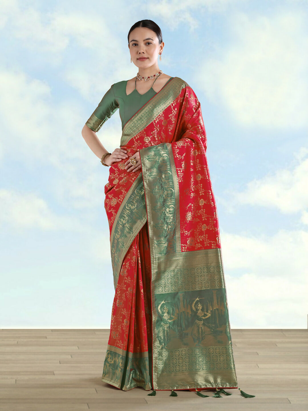 Red Faux Banarasi Silk Saree With Zari Woven Design | SHOBITAM