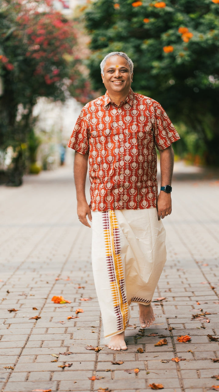 Onam Cotton Handblock Printed Mens Dhoti Taamara | SHOBITAM