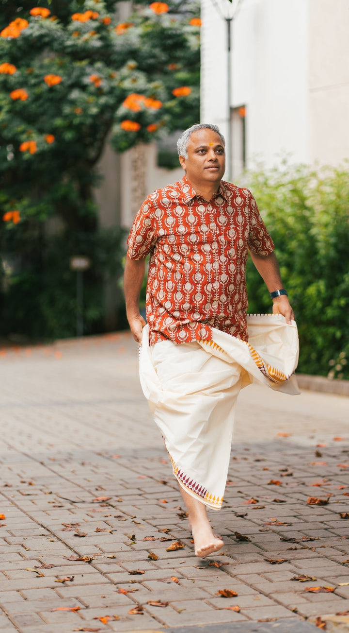 Onam Cotton Handblock Printed Mens Dhoti Taamara | SHOBITAM