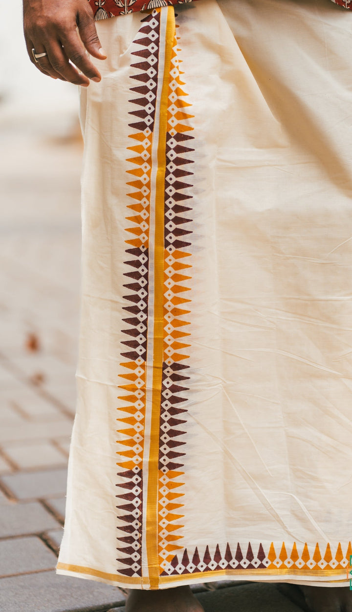 Onam Cotton Handblock Printed Mens Dhoti Taamara | SHOBITAM