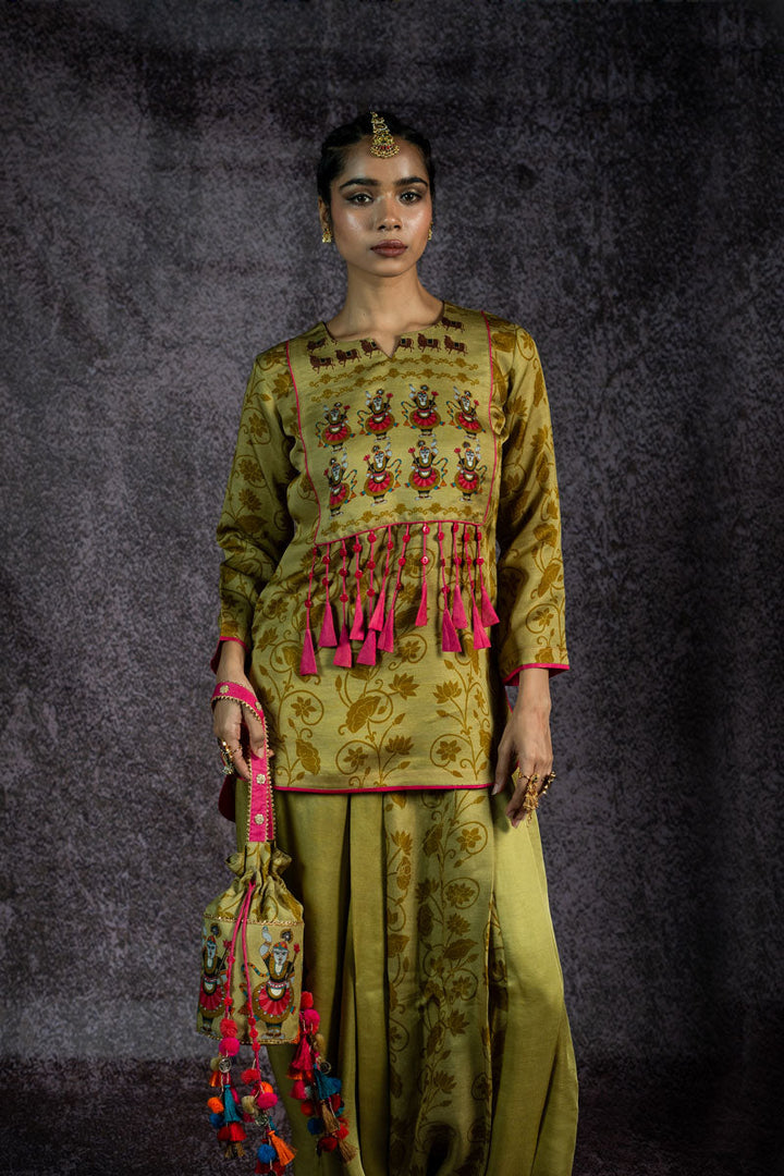 VRAJ LEELA METALLIC PISTA KURTA + DHOTI ( SET OF 2 ) | SHOBITAM