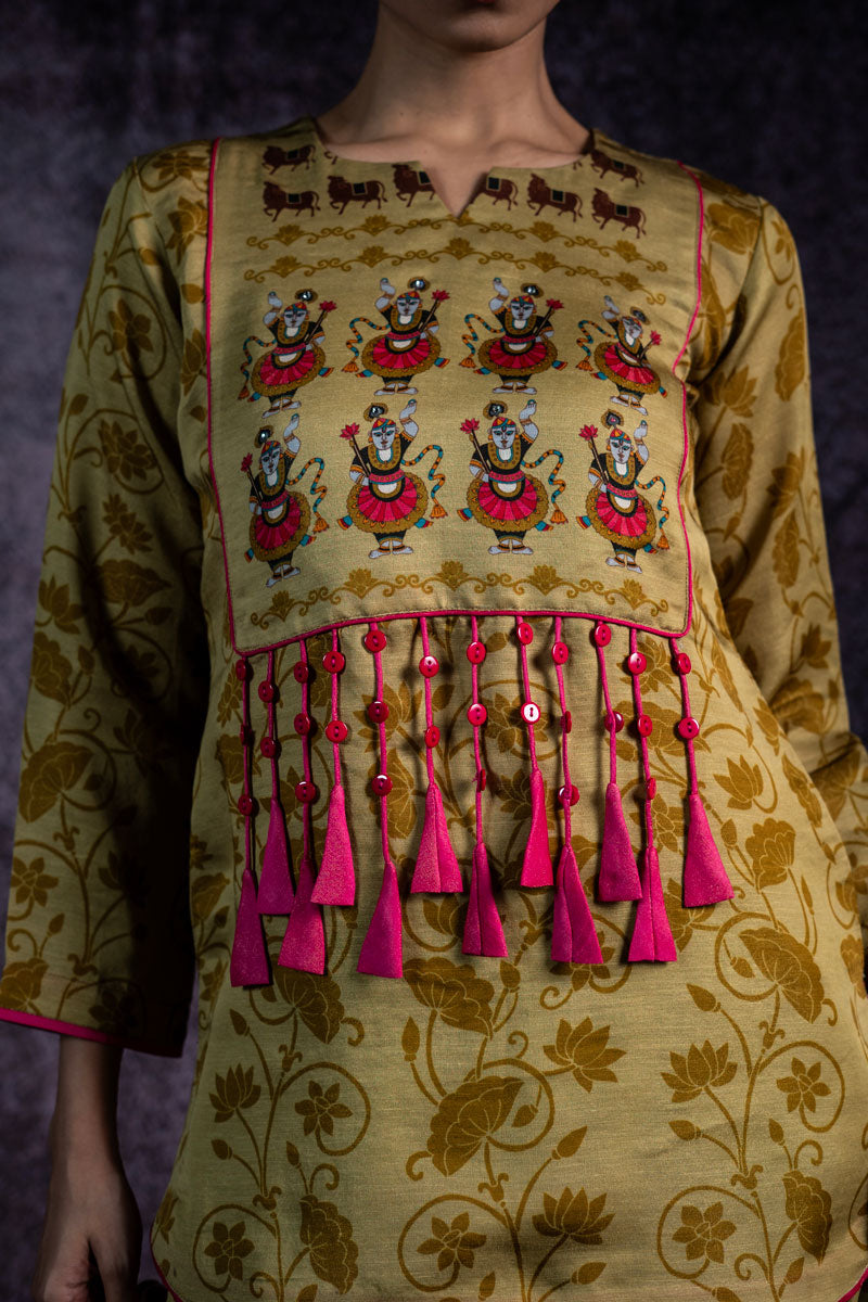 VRAJ LEELA METALLIC PISTA KURTA + DHOTI ( SET OF 2 ) | SHOBITAM
