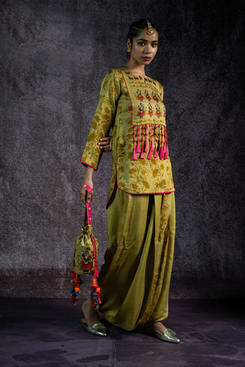 VRAJ LEELA METALLIC PISTA KURTA + DHOTI ( SET OF 2 ) | SHOBITAM