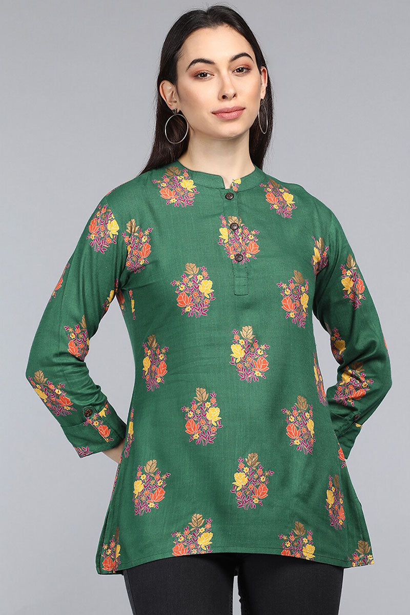 Green Cotton Ethnic Motifs Regular Tunic Top | SHOBITAM