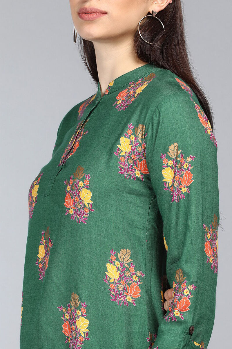 Green Cotton Ethnic Motifs Regular Tunic Top | SHOBITAM
