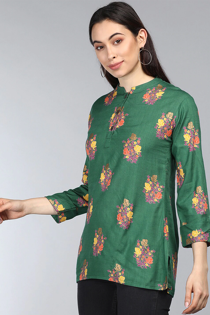 Green Cotton Ethnic Motifs Regular Tunic Top | SHOBITAM