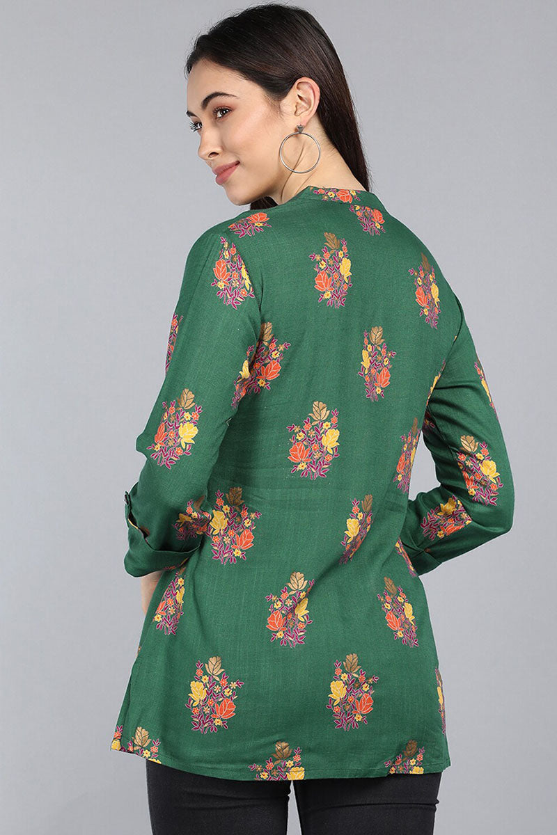 Green Cotton Ethnic Motifs Regular Tunic Top | SHOBITAM