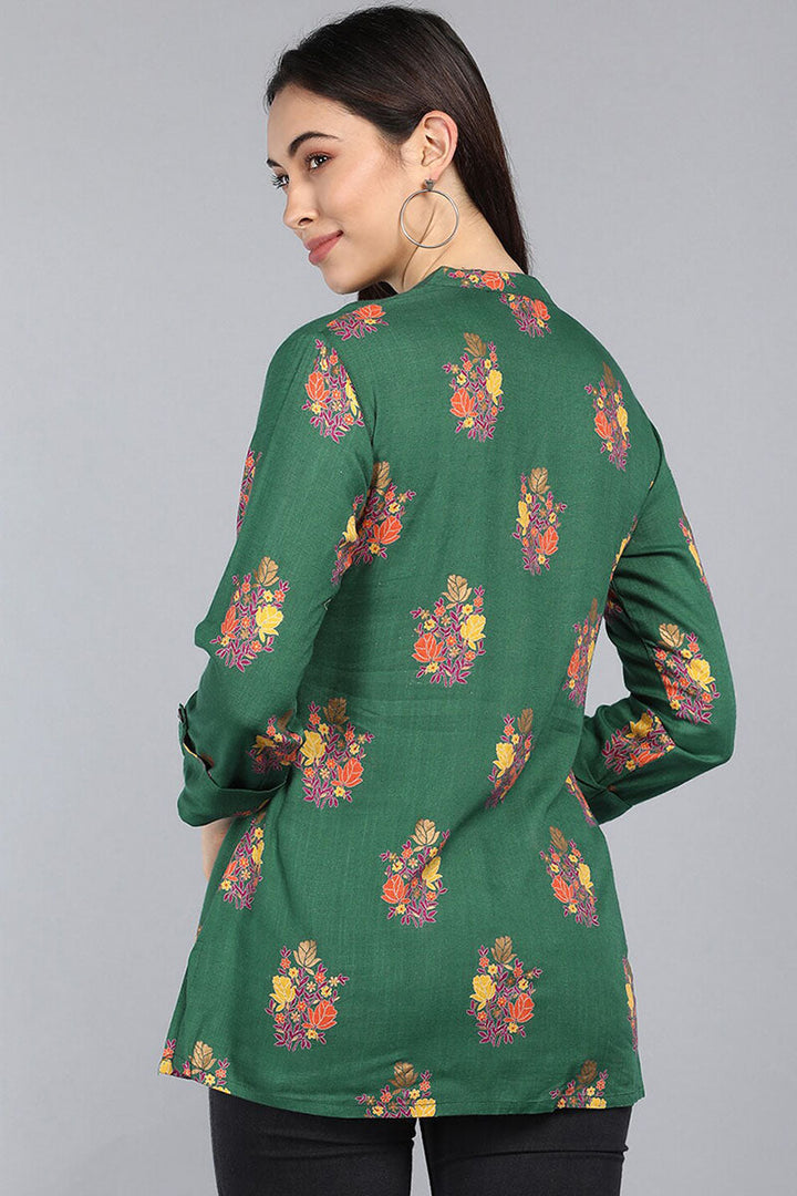 Green Cotton Ethnic Motifs Regular Tunic Top | SHOBITAM
