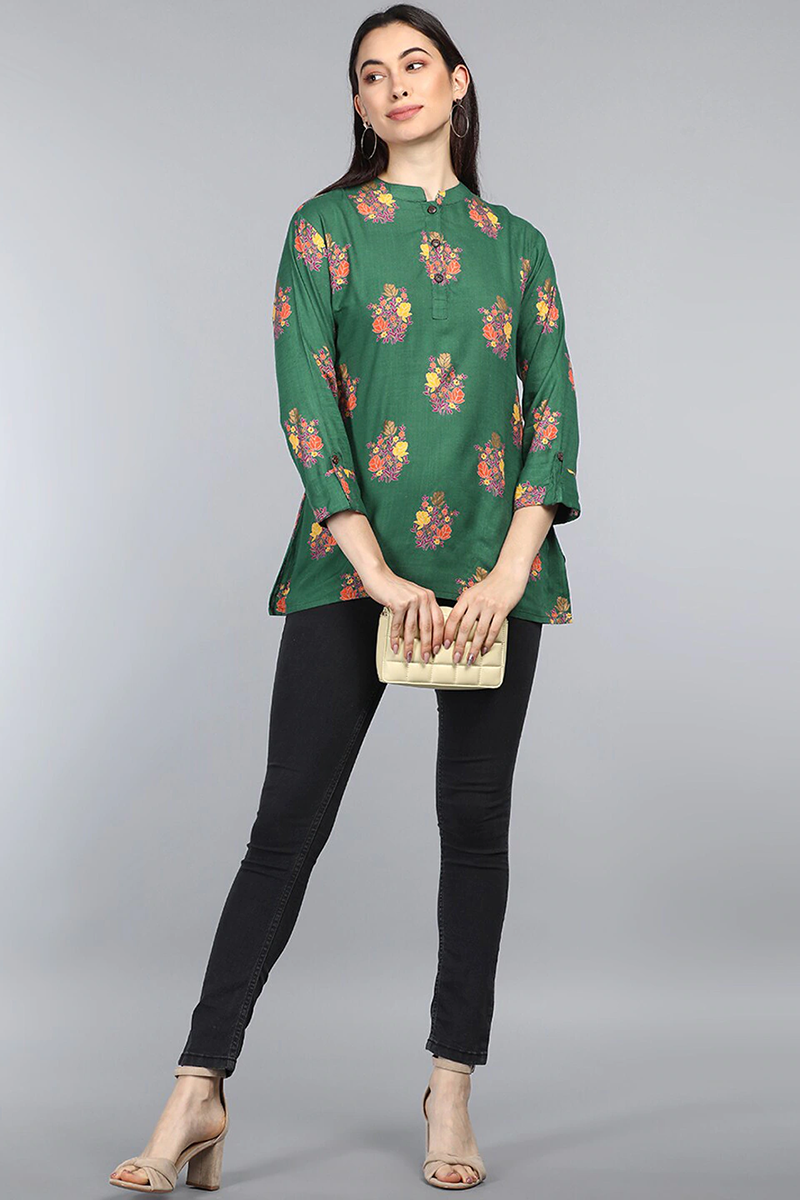 Green Cotton Ethnic Motifs Regular Tunic Top | SHOBITAM