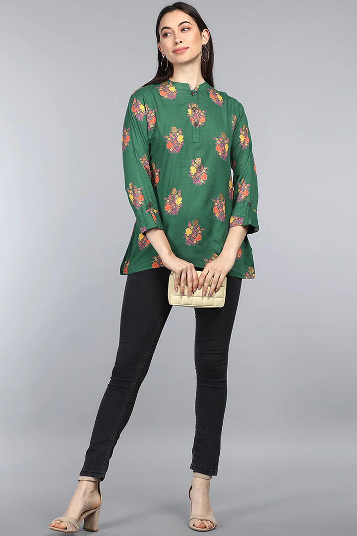 Green Cotton Ethnic Motifs Regular Tunic Top | SHOBITAM