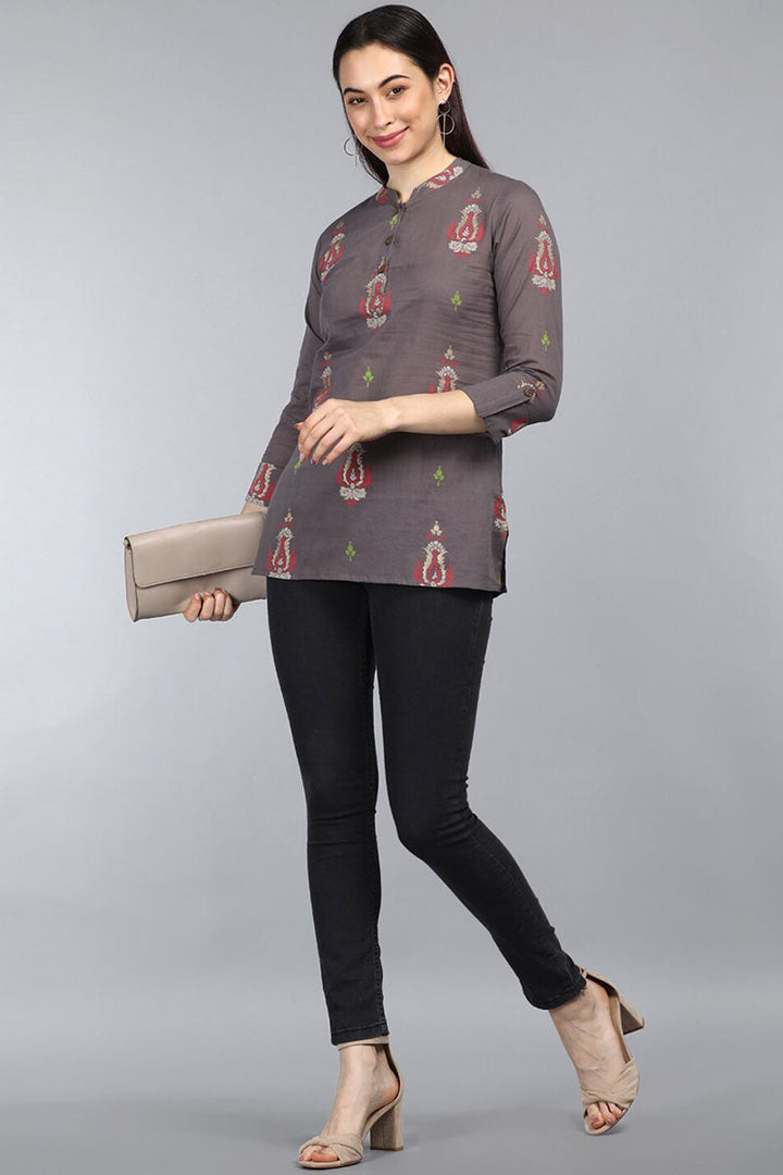 Taupe Cotton Ethnic Motifs Regular Tunic Top | SHOBITAM