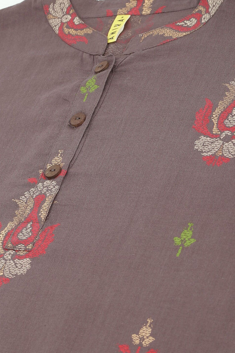 Taupe Cotton Ethnic Motifs Regular Tunic Top | SHOBITAM
