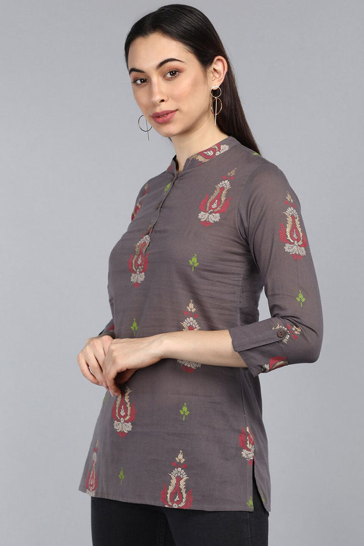 Taupe Cotton Ethnic Motifs Regular Tunic Top | SHOBITAM