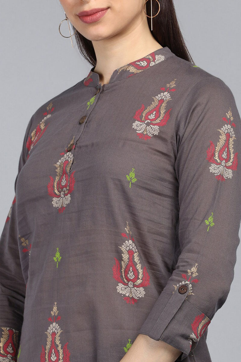 Taupe Cotton Ethnic Motifs Regular Tunic Top | SHOBITAM
