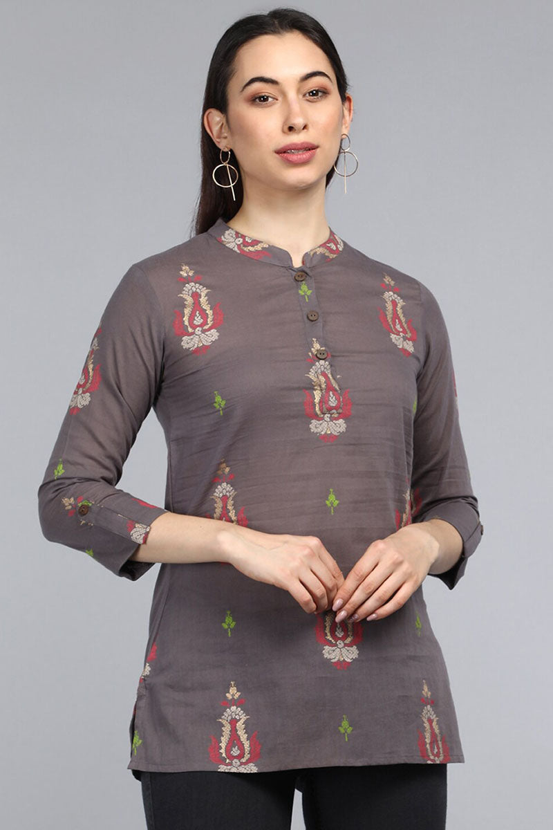 Taupe Cotton Ethnic Motifs Regular Tunic Top | SHOBITAM